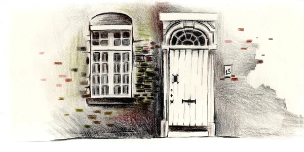 Kolor Ołówek Ilustracja Białych Drzwi Białe Okno Starej Ceglanej Ścianie — Zdjęcie stockowe