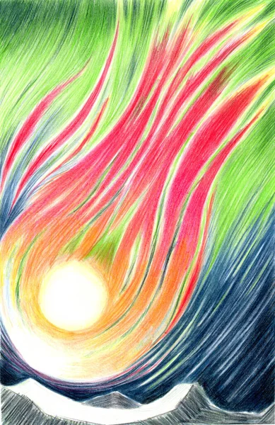 Bright Color Pencil Illustration Comet Fire Flying Earth — Stock Photo, Image