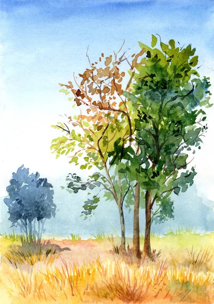 Ilustração Aquarela Árvores Amarelas Verdes Coloridas Primeiro Plano Azul Segundo — Fotografia de Stock