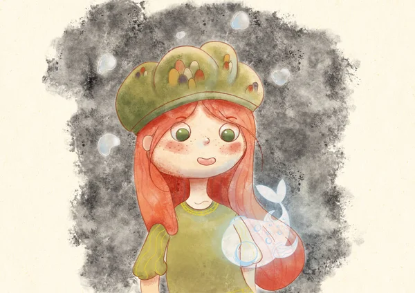 Digitální Akvarel Ilustrace Červené Vlasy Dívka Zeleném Obleku Zářící Ryby — Stock fotografie