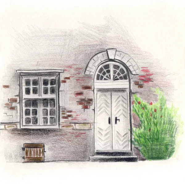 Kolor Długopis Ilustracja Białe Drewniane Drzwi Białe Okno Ścianie Cegły — Zdjęcie stockowe