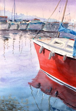 Bir sürü yatı ve ön planda parlak kırmızı bir yatta burnu olan bir sahilin renkli suluboya çizimi