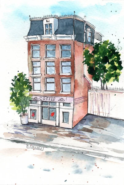 Akwarelowa Ilustracja Starego Budynku Kawiarnią Parterze — Zdjęcie stockowe