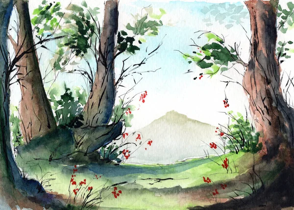 Watercolor illustration of a forest with trees, bushies, some red berries and a mountain on the background