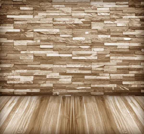 Oude stenen muren, houten vloer corridor. — Stockfoto