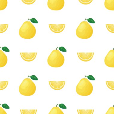 Taze, parlak egzotik bir bütüne sahip kusursuz bir desen ve beyaz arka planda dilimlenmiş nar meyvesi. Sağlıklı yaşam için yaz meyveleri. Organik meyve. Çizgi film tarzı. Herhangi bir tasarım için vektör illüstrasyonu.