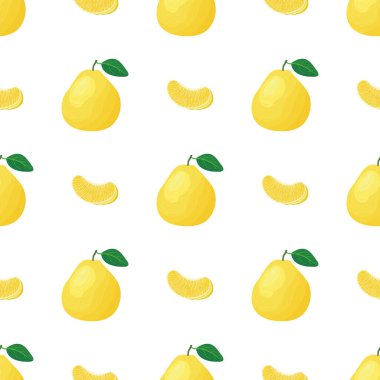 Kusursuz desenli, parlak egzotik bir bütün ve beyaz arka planda bir parça meyve. Sağlıklı yaşam için yaz meyveleri. Organik meyve. Çizgi film tarzı. Herhangi bir tasarım için vektör illüstrasyonu.