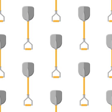 Beyaz arka planda çizgi film kürekleri olan kusursuz bir desen. Bahçe küreği. Bahçe aletleri. Herhangi bir tasarım için vektör illüstrasyonu.