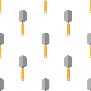 Beyaz arka planda çizgi film kürekleriyle kusursuz desen. Bahçe küreği. Bahçe aletleri. Herhangi bir tasarım için vektör illüstrasyonu.