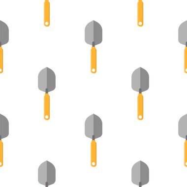 Beyaz arka planda çizgi film kürekleriyle kusursuz desen. Bahçe küreği. Bahçe aletleri. Herhangi bir tasarım için vektör illüstrasyonu.