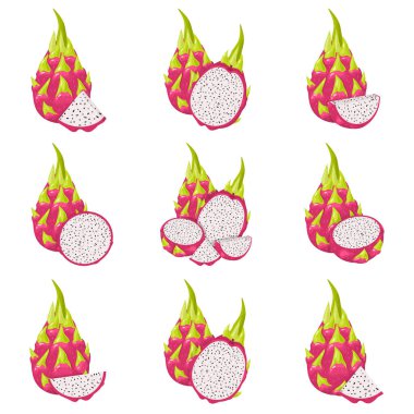 Taze taze, yarım dilimlenmiş, beyaz arka planda izole edilmiş kırmızı pitaya meyveleri. Sağlıklı yaşam için yaz meyveleri. Organik meyve. Çizgi film tarzı. Herhangi bir tasarım için vektör illüstrasyonu