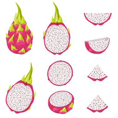 Taze taze, yarım dilimlenmiş, beyaz arka planda izole edilmiş kırmızı pitaya meyveleri. Sağlıklı yaşam için yaz meyveleri. Organik meyve. Çizgi film tarzı. Herhangi bir tasarım için vektör illüstrasyonu