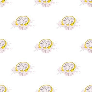 Beyaz arka planda izole edilmiş, parlak sarı pitaya suyu sıçraması olan kusursuz bir desen. Yaz meyve suyu. Çizgi film tarzı. Herhangi bir tasarım için vektör illüstrasyonu