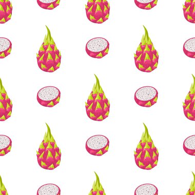 Beyaz arka planda izole edilmiş taze ve yarım kesilmiş kırmızı pitaya meyveleriyle kusursuz desen. Sağlıklı yaşam için yaz meyveleri. Organik meyve. Çizgi film tarzı. Herhangi bir tasarım için vektör illüstrasyonu