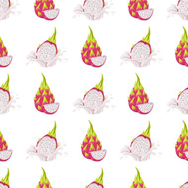 Beyaz arka planda izole edilmiş taze ve yarım kesilmiş kırmızı pitaya meyveleriyle kusursuz desen. Sağlıklı yaşam için yaz meyveleri. Organik meyve. Çizgi film tarzı. Herhangi bir tasarım için vektör illüstrasyonu