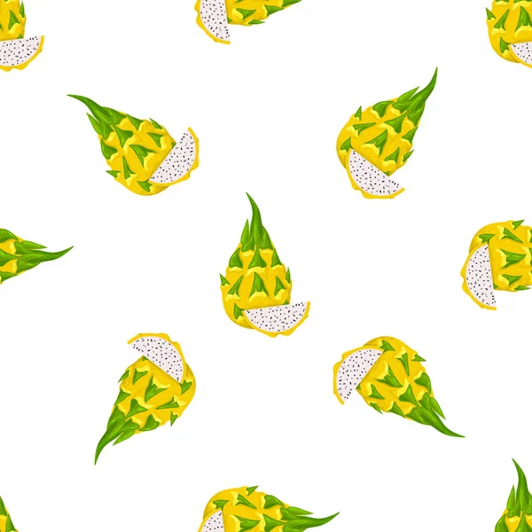 新鮮な全体と白の背景に隔離された黄色のピタヤフルーツをカットシームレスなパターン 健康的なライフスタイルのための夏の果物 有機果実 漫画風 任意のデザインのベクトルイラスト — ストックベクタ