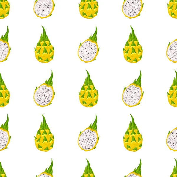 Płynny Wzór Świeżymi Całymi Ciętymi Żółtymi Owocami Pitaya Wyizolowanymi Białym — Wektor stockowy