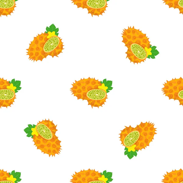 白を基調とした新鮮な黄色のキワノの実と花が分離したシームレスなパターン 健康的なライフスタイルのための夏の果物 有機果実 漫画風 任意のデザインのベクトルイラスト — ストックベクタ