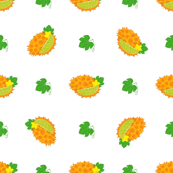 Nahtloses Muster Mit Frischen Gelben Kiwanofrüchten Und Blüten Auf Weißem — Stockvektor