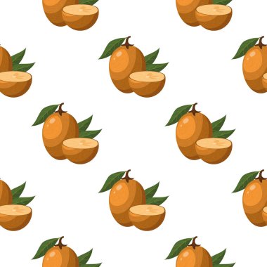 Beyaz arka planda izole edilmiş taze sapodilla meyveleri olan kusursuz bir desen. Sağlıklı yaşam için yaz meyveleri. Organik meyve. Çizgi film tarzı. Herhangi bir tasarım için vektör illüstrasyonu.