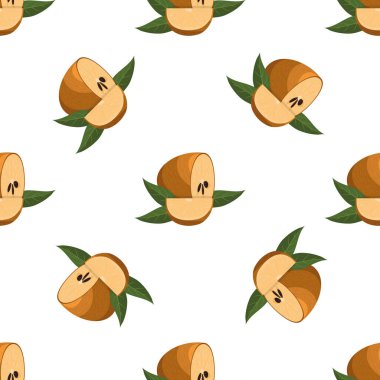 Beyaz arka planda izole edilmiş taze sapodilla meyveleri olan kusursuz bir desen. Sağlıklı yaşam için yaz meyveleri. Organik meyve. Çizgi film tarzı. Herhangi bir tasarım için vektör illüstrasyonu.