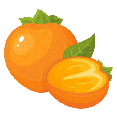 Beyaz arka planda izole edilmiş taze ve yarım dilim hurma meyvesi. Sağlıklı yaşam için yaz meyveleri. Organik meyve. Çizgi film tarzı. Herhangi bir tasarım için vektör illüstrasyonu.