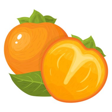 Beyaz arka planda izole edilmiş taze ve yarım dilim hurma meyvesi. Sağlıklı yaşam için yaz meyveleri. Organik meyve. Çizgi film tarzı. Herhangi bir tasarım için vektör illüstrasyonu.