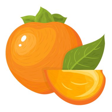 Beyaz arka planda izole edilmiş taze ve kesilmiş hurma meyveleri. Sağlıklı yaşam için yaz meyveleri. Organik meyve. Çizgi film tarzı. Herhangi bir tasarım için vektör illüstrasyonu.