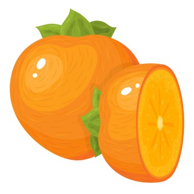 Beyaz arka planda izole edilmiş taze ve yarım dilim hurma meyvesi. Sağlıklı yaşam için yaz meyveleri. Organik meyve. Çizgi film tarzı. Herhangi bir tasarım için vektör illüstrasyonu.