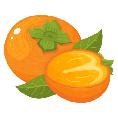 Beyaz arka planda izole edilmiş taze ve yarım dilim hurma meyvesi. Sağlıklı yaşam için yaz meyveleri. Organik meyve. Çizgi film tarzı. Herhangi bir tasarım için vektör illüstrasyonu.