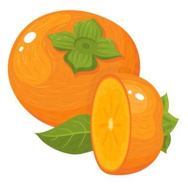 Beyaz arka planda izole edilmiş taze ve yarım dilim hurma meyvesi. Sağlıklı yaşam için yaz meyveleri. Organik meyve. Çizgi film tarzı. Herhangi bir tasarım için vektör illüstrasyonu.