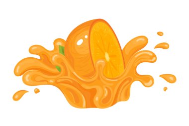 Beyaz arka planda izole edilmiş taze, parlak, yarı kesilmiş hurma suyu sıçraması. Yaz meyve suyu. Çizgi film tarzı. Herhangi bir tasarım için vektör illüstrasyonu.