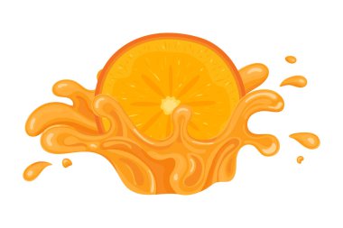 Beyaz arka planda izole edilmiş taze, parlak, yarı kesilmiş hurma suyu sıçraması. Yaz meyve suyu. Çizgi film tarzı. Herhangi bir tasarım için vektör illüstrasyonu.