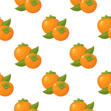 Kusursuz desenli, beyaz arka planda izole edilmiş taze, parlak hurma meyvesi. Sağlıklı yaşam için yaz meyveleri. Organik meyve. Çizgi film tarzı. Herhangi bir tasarım için vektör illüstrasyonu.