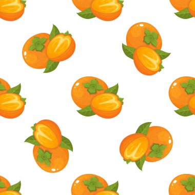 Kusursuz desenli, beyaz arka planda izole edilmiş taze, parlak hurma meyvesi. Sağlıklı yaşam için yaz meyveleri. Organik meyve. Çizgi film tarzı. Herhangi bir tasarım için vektör illüstrasyonu.