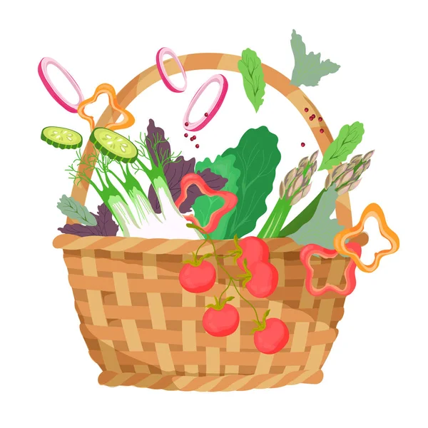 Picnic basket with food for summer outdoor recreation, flat vector illustration isolated on white background. Summer picnic basket with snacks. Harvest of vegetables in hamper.