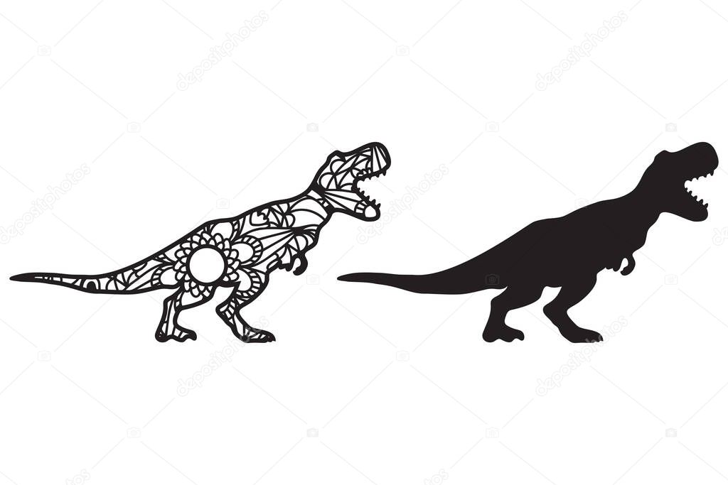 Dinosaur tyrannosaurus mandala and silhouette isolated in white background. Dinosaur Mandala vector cut file. Vector illustration.