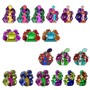 Beyaz arka planda izole edilmiş çiçeklerle süslenmiş parlak renkli parfüm şişeleri koleksiyonu. Vektör illüstrasyonu.