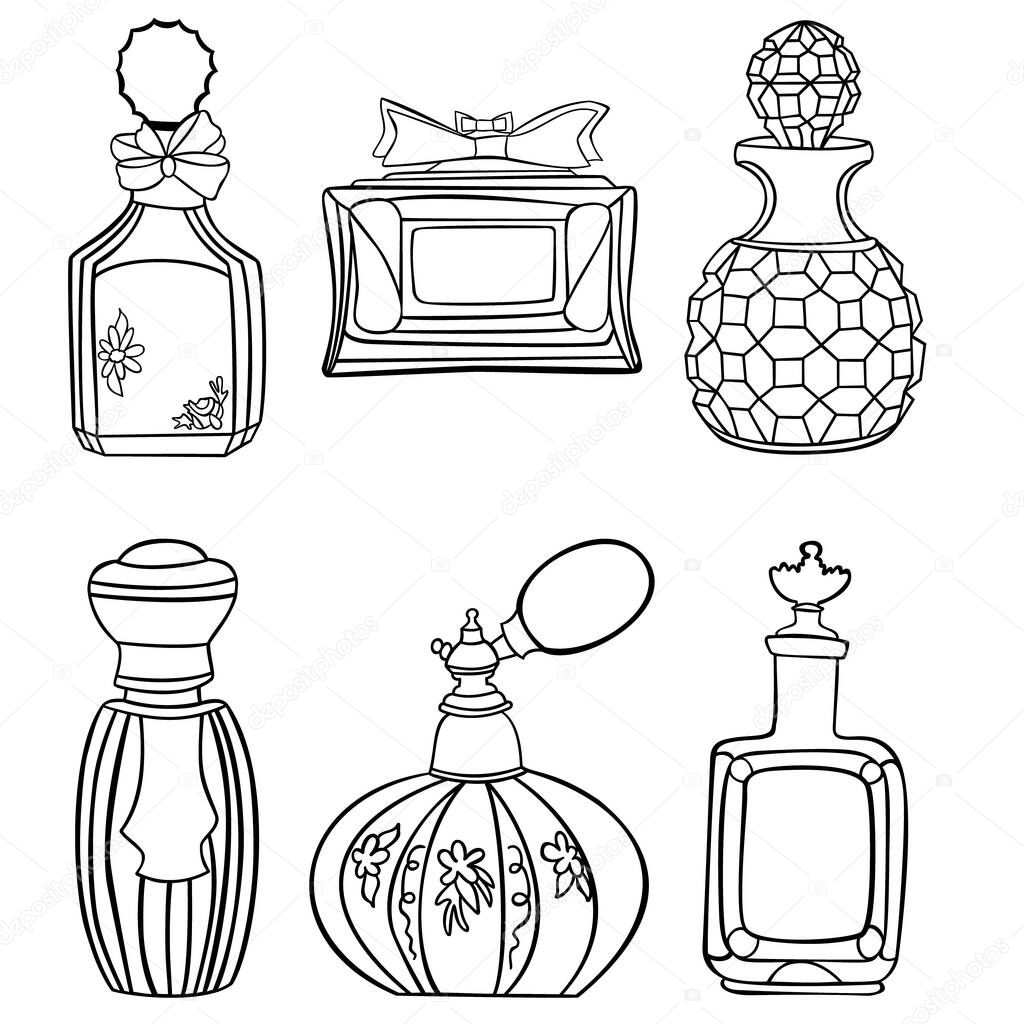 Collection of black outline perfume bottles isolated on white background. Vector illustration.
