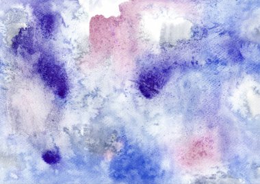 Mavi soyut suluboya doku arka planı. Renkli damlalar. Islak boya fırçaları. Yaratıcı duvar kâğıdı çizimi, dekoratif tasarım sanatı.