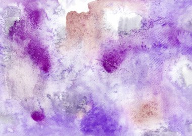 Mor soyut suluboya doku arka planı. Renkli damlalar. Islak boya fırçaları. Yaratıcı duvar kâğıdı çizimi, dekoratif tasarım sanatı.