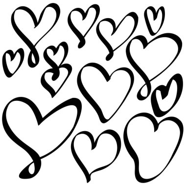 Bir dizi el çizilmiş kalp. Beyaz arkaplanda el çizimi sert işaretli kalpler izole.