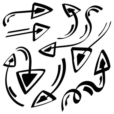 Bir çift el çizilmiş grunge okları. Soyut fırça çizim simgesi koleksiyonu. Arrow düz stili beyaz arkaplanda izole edildi. Vektör illüstrasyonu.