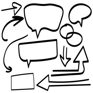 Konuşma balonu, sohbet kutusu taslağı, el çizimi ok vektör çizimi beyaz arkaplanda izole edildi. Düşünce simgesinin Doodle biçimi.