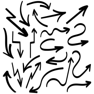 Karalama okları. Soyut fırça çizim simgesi koleksiyonu. Arrow düz stili beyaz arkaplanda izole edildi. Vektör illüstrasyonu.