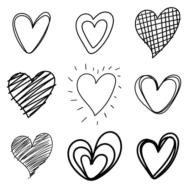 Conjunto Nueve Corazones Dibujados Mano Marcador Áspero Dibujado Mano Corazones — Vector de stock