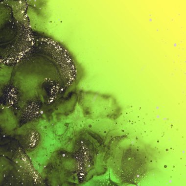 Neon yeşil lüks, soyut akışkan sanat tablosu. Alkol mürekkebi tekniği siyah ve altın. Renklerin karışımı, dalgalar ve altın kıvrımlar. Görüntü.