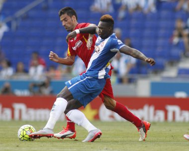Felipe Caicedo of Espanyol fight with Juan Rodriguez