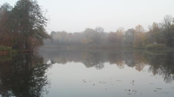 4K smooth low flight above the surface of the water in the river at foggy autumn morning — Stock Video