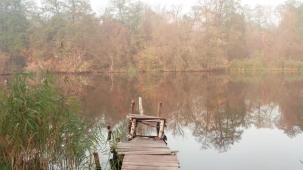 秋には霧の川のほとりに小さな釣り桟橋-撮影でドリー — ストック動画